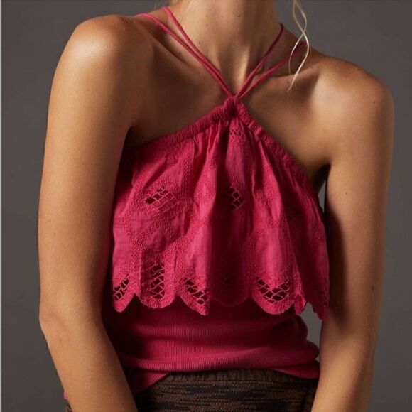 Anthropologie Tops - NWT ANTHROPOLOGIE Ruffled Halter Top Eyelet Lace Pink Women’s Size Small